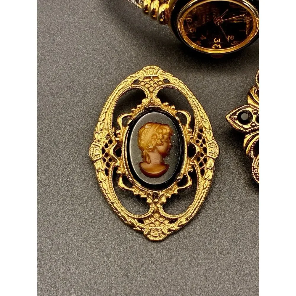Cameo Pin Set Black And Gold Collezieo Watch, Filagree Cabochon Pendant